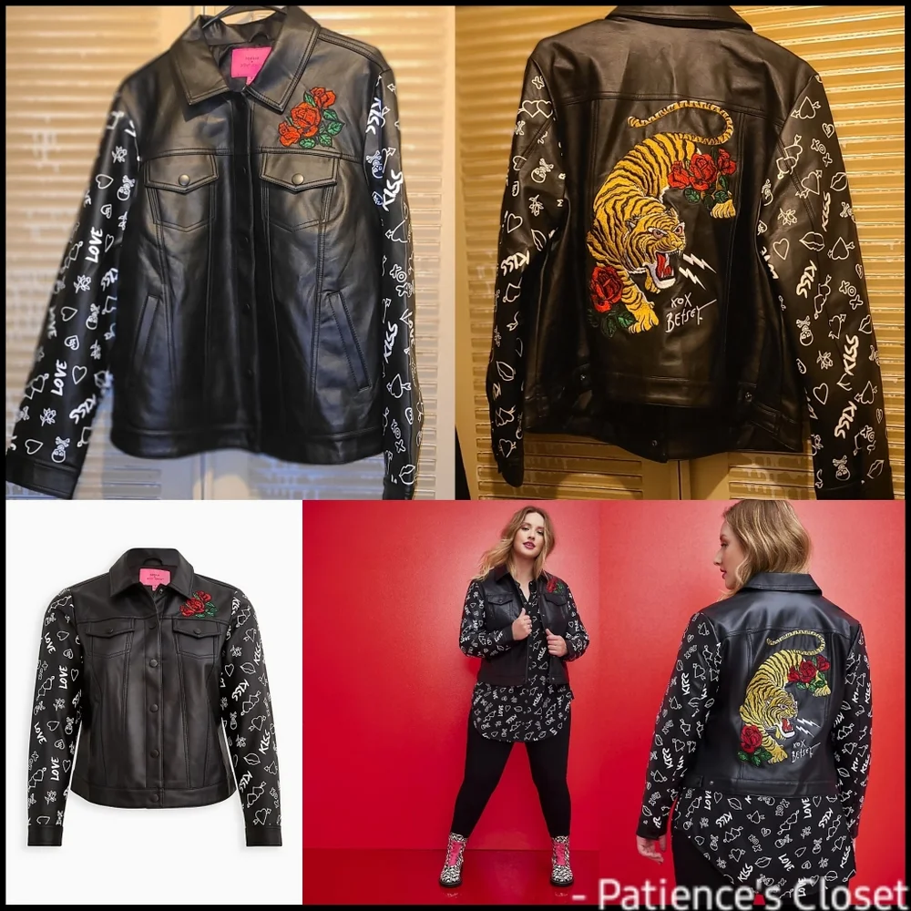 Torrid BETSEY JOHNSON black graffiti  tattoo faux leather trucker jacket PLUS - Picture 3 of 6